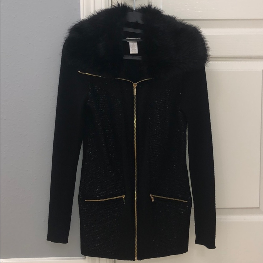 Black zip up sweater with fury collar
